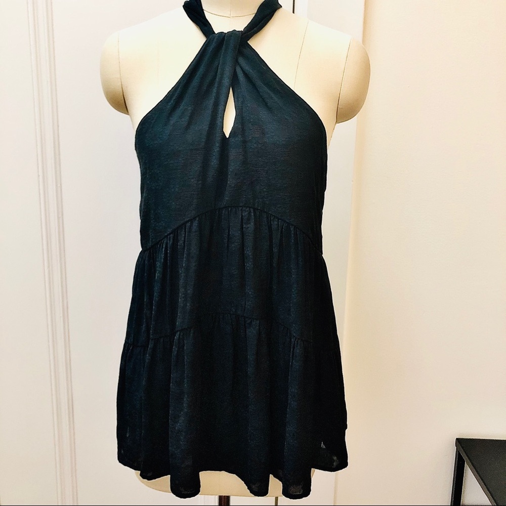 Anthropologie Baby Doll Top High Neck Bare Shoulders Tiered Easy Loose Fit